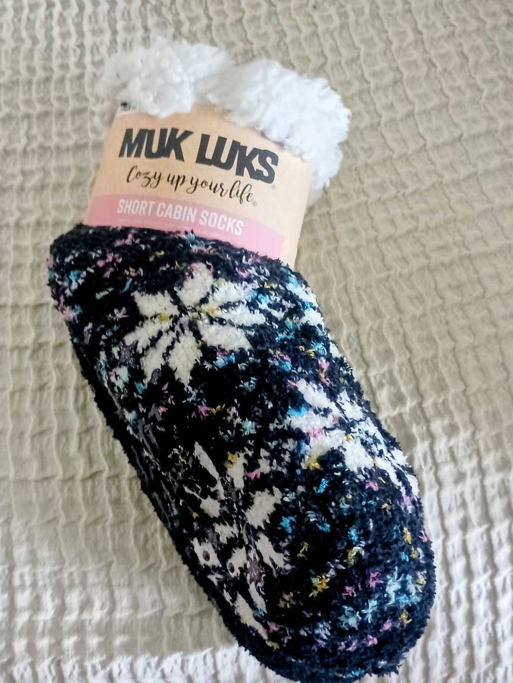 Muk Luks Black Short Cabin Socks with White Snowflake and Multicolor Speckles